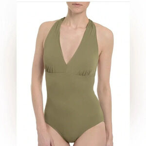 Spanx Olive Green 1 Pc Swimsuit Bathing Suit V Neck Braided Strap Sz 10 NWT